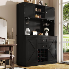 Lexiou Kitchen Cabinet with Adjustable Shelves & Wine Rack, Tall Cabinet Kitchen Buffet with 4 Doors & 2 Drawers, Sideboard for Kitchen & Living Room, Buffet Cabinet (Black)