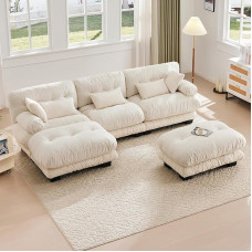 BTYJLEBE Big Sofa U Shape 5-Seater with Sleep Function, Sofa Bed, Modular Design, High-Quality Velvet and 100% Memory Foam Filled - Modern Luxury Couch with 5 Soft Cushions (Beige)