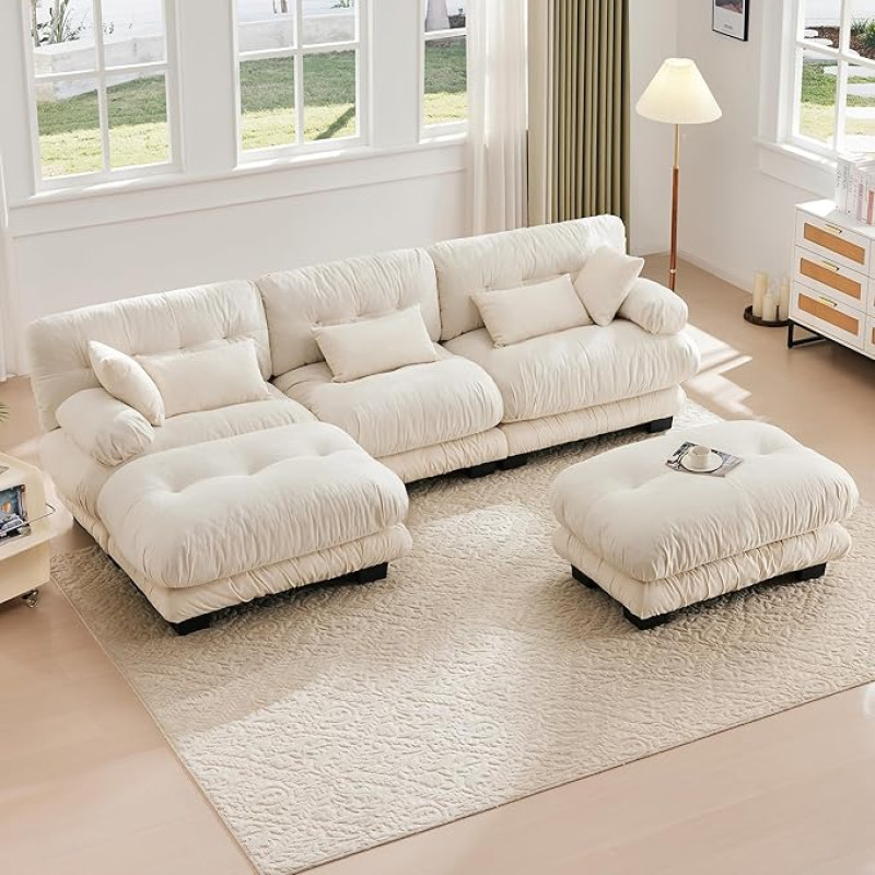 BTYJLEBE Big Sofa U Shape 5-Seater with Sleep Function, Sofa Bed, Modular Design, High-Quality Velvet and 100% Memory Foam Filled - Modern Luxury Couch with 5 Soft Cushions (Beige)