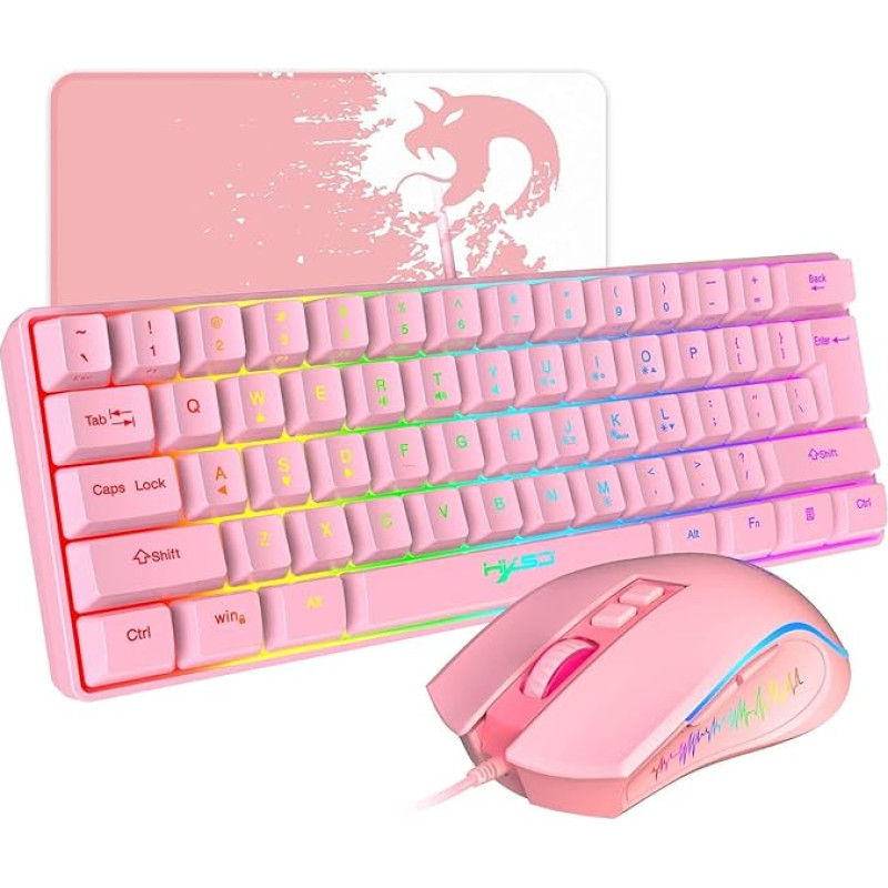 HXSJ V700 Gaming Keyboard and Mouse Set, 60% Compact Keyboard, 61 Keys, TKL Layout, RGB Lighting, Optical Gaming Sensor Mouse with 7 Buttons, 7-Colour LED Light, Up to 3600 DPI, for PC, Mac Pink