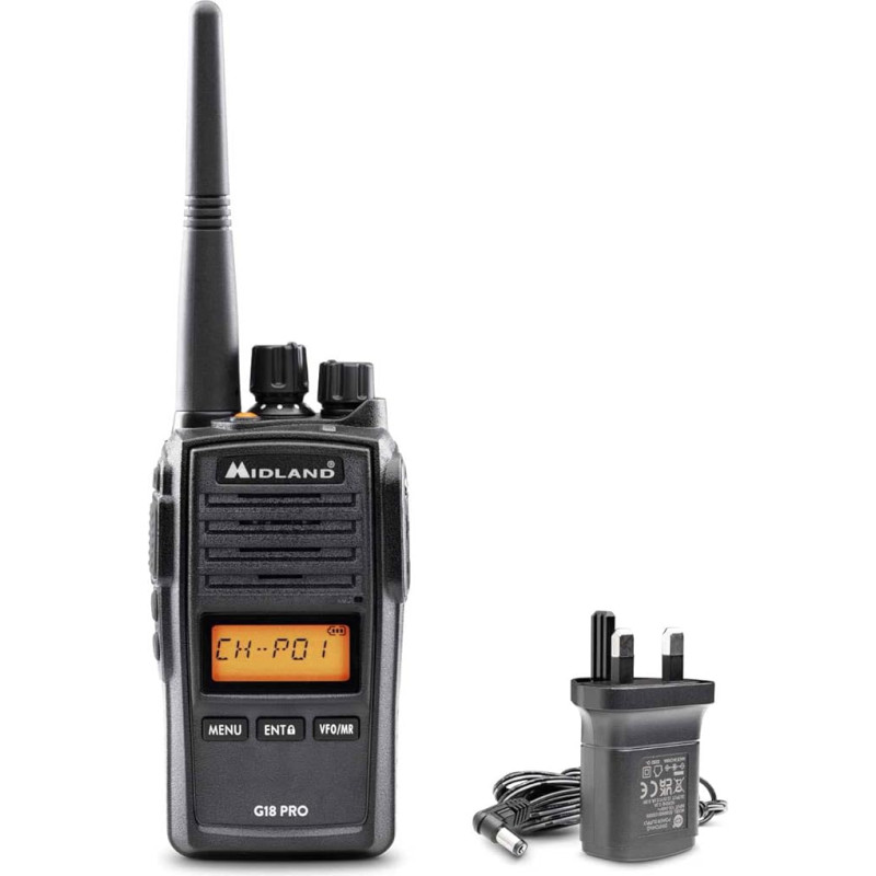 Midland G18 Pro, kahesuunaline raadioside raadioside, 99 PMR446 kanalit tasuta, IP67 sertifitseeritud, Li-ion aku, laualaadija, vööklamber, UKCA sertifitseeritud, UK pistik, must