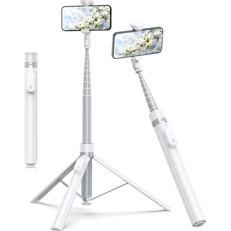 TONEOF 180 cm Automatic Selfie Stick Tripod, Mobile Phone Tripod with Magnetic Rechargeable Remote Control, 360° Rotating Stand with 2 Rotation Axes, Smartphone Monopod for iPhone/Android - White
