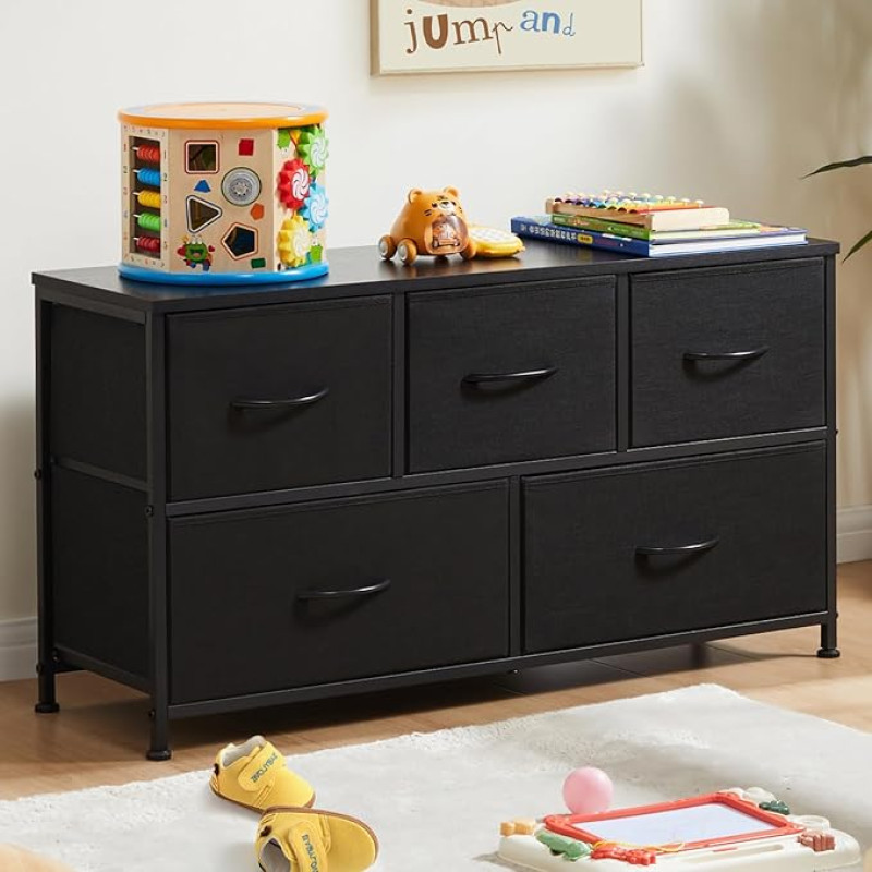Sweetcrispy Small Chest of Drawers with 5 Fabric Drawers for Bedroom Storage, Children's Room Cabinet, Chest Furniture, Metal Frame, Wooden Top, Lightweight Entrance Cabinet, Black