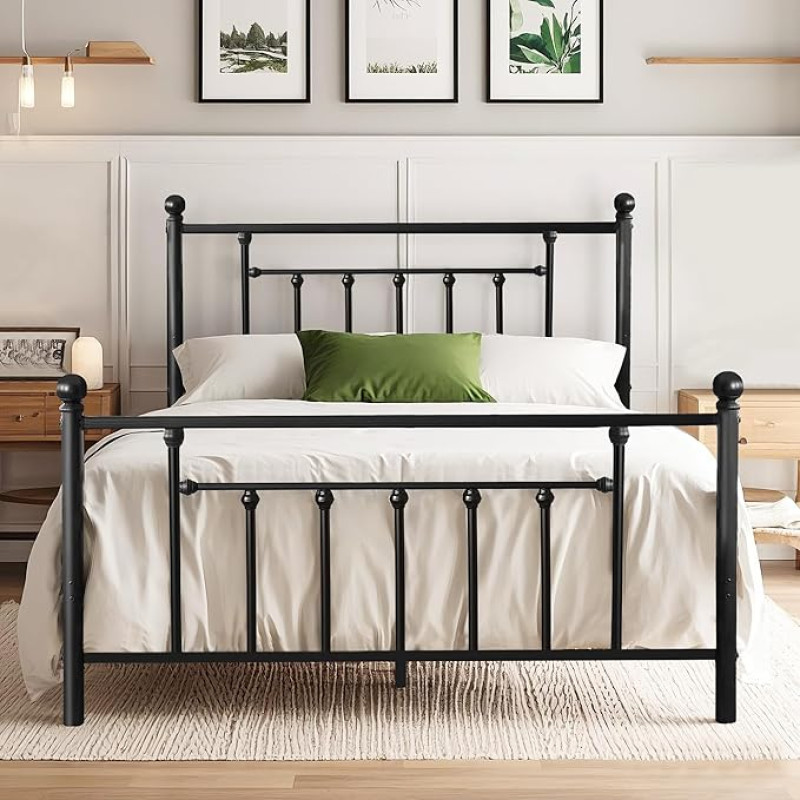 VECELO Bed Frame 140 x 200 cm Metal Bed with Slatted Frame Double Bed Guest Bed Youth Bed with Headboard for Bedroom Guest Room Black