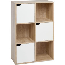 Mondeer Storage Shelf, Multi-layer Bookcase, Wooden Shelf, Storage Cabinet for Books and DVDs, Six Compartments with Three Doors, White and Wood