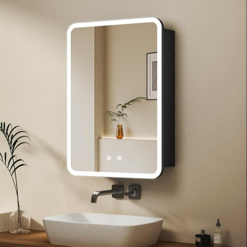 WDWRITTI Mirror Cabinet with Lighting, 60 x 40 cm, Medicine Cabinet with Mirror, LED Bathroom Cabinet with Memory, 3-Colour Mode, Wall Cabinet with Glass Shelf, Bathroom Cabinet with Touch, Anti-Fog