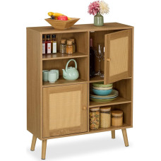 Relaxdays Sideboard, 2 Rattan Doors, 4 Open Compartments, 2 Cupboard Compartments, 97 x 80 x 25 cm, Living Room, Kitchen, Chest of Drawers, Natural
