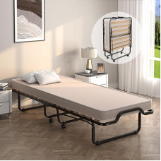 COSTWAY Single Adult 90 x 200 cm Folding Bed with Memory Foam Orthopaedic Mattress 10 cm Load Capacity 120 kg, Folding Guest Bed with 4 Wheels and 15 Wooden Slatted Base