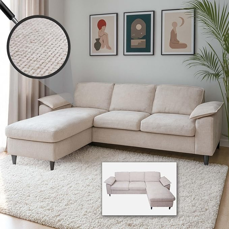 Mendler HWC-O71 Sofa Set Corner Sofa L-Shaped Lying Surface Left / Right Fabric (320 g/m²) Wood 84 x 229 x 140 cm Beige