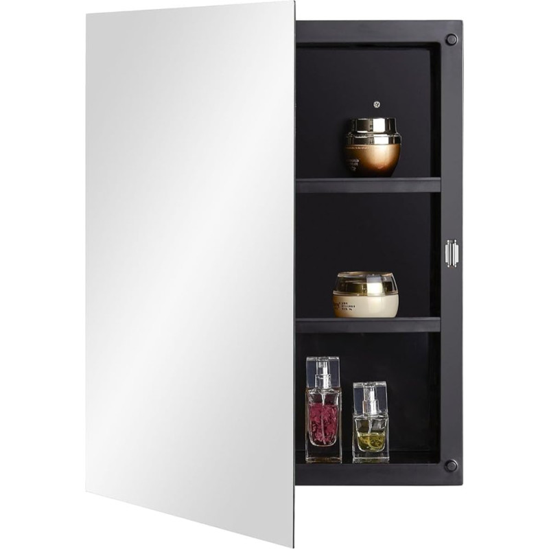 Fundin 40x51cm Black Plastic Mirror Cabinet with Polished Edge Mirror Door Recessed and Surface Mounted