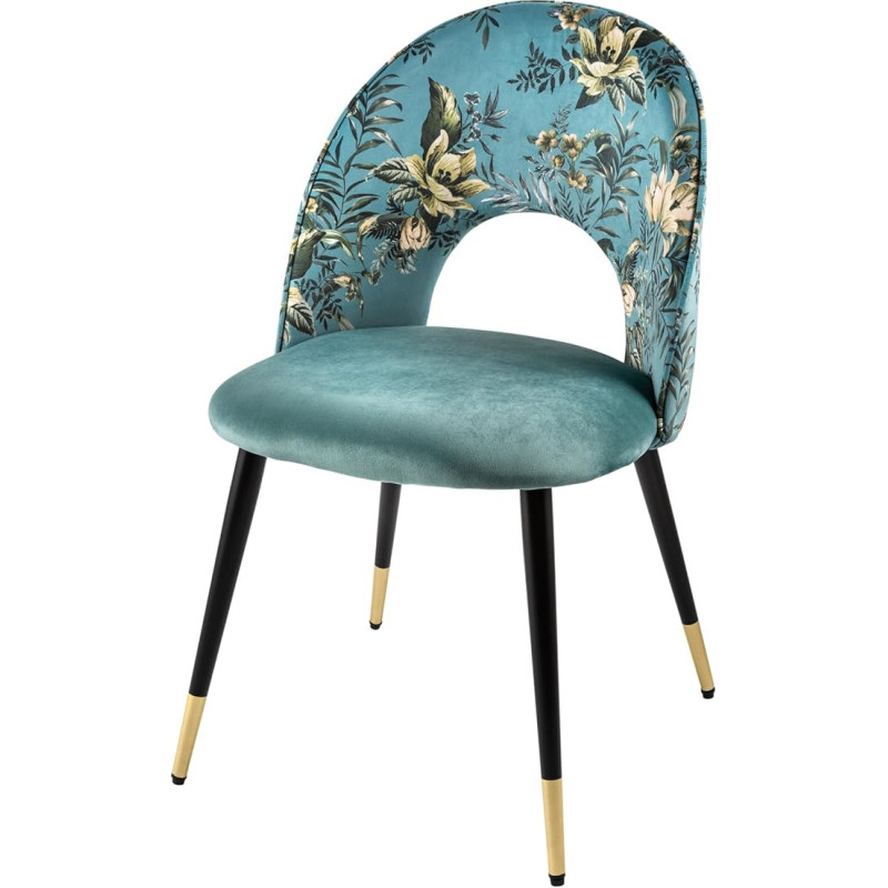 Riess Ambiente Design Chair PRÊT-À-Porter Turquoise Velvet Floral Pattern and Golden Foot Caps