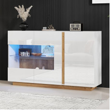Merax Sideboard Chest of Drawers White High Gloss Buffet Cabinet Kitchen Cabinet with LED Lighting Sideboard Hallway Cabinet with Lots of Storage Space Adjustable Shelf Glass Door Design for Living