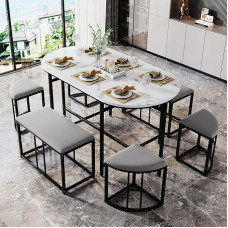 HAINEW Dining Table Set 7-Piece Dining Room Table with 6 Bench Dining Chairs, Modern Dining Room Set with Oval Dining Table, Dining Set with Grey Padded and Black Iron Frame (Black + Grey)