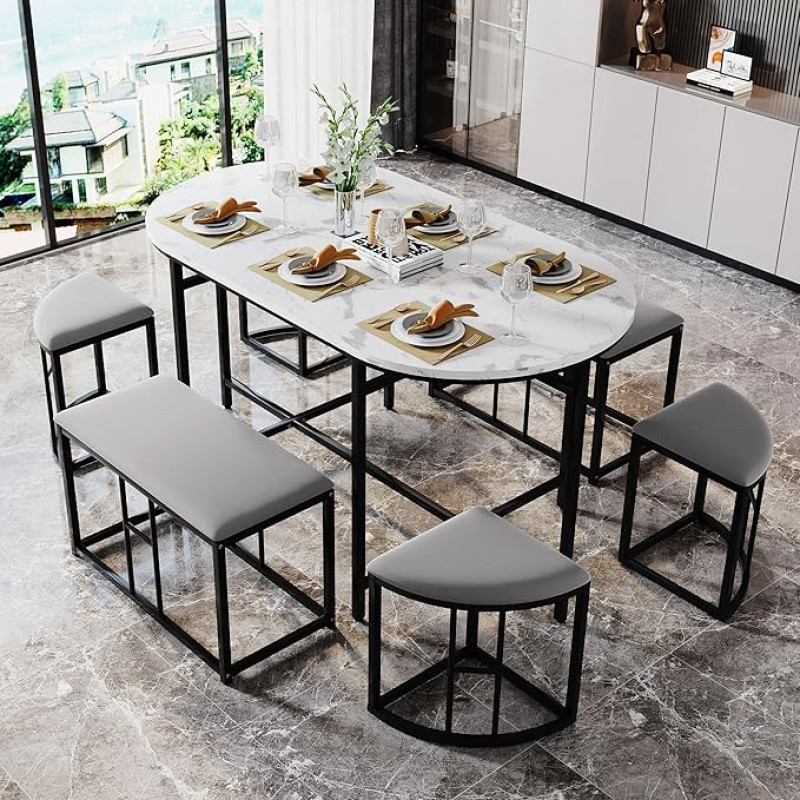 HAINEW Dining Table Set 7-Piece Dining Room Table with 6 Bench Dining Chairs, Modern Dining Room Set with Oval Dining Table, Dining Set with Grey Padded and Black Iron Frame (Black + Grey)