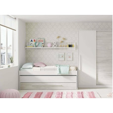 Dmora - Sunnyvale Cot Bed Frame for Bedroom, Single Bed with Pull-Out Bed, Drawer and Shelf, 199 x 96 x 65 cm, White