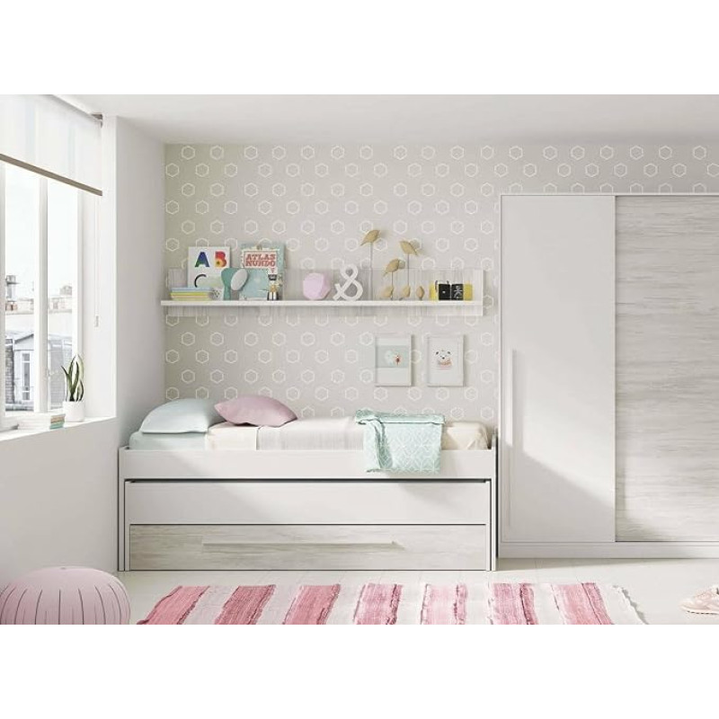 Dmora - Sunnyvale Cot Bed Frame for Bedroom, Single Bed with Pull-Out Bed, Drawer and Shelf, 199 x 96 x 65 cm, White