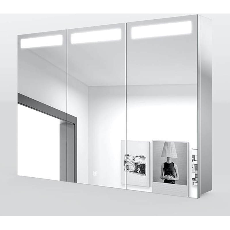 SONNI Bathroom Mirror Cabinet with Lighting 3 Door LED Mirror Cabinet 65 x 90 cm Bathroom Mirror Cabinet Stainless Steel Bathroom Mirror Cabinet with Touch Switch