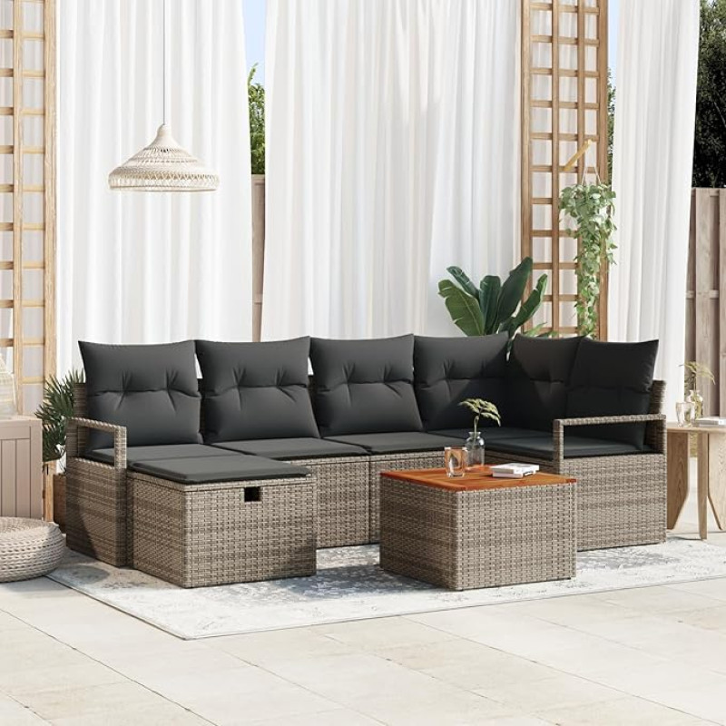 Rantry 7-teiliges Garten Sofa Set mit Kissen Grau Poly Rattan, 2-Sitzer Garten Sofa mit Kissen Grau Poly Rattan Gartenlounge Model3359538