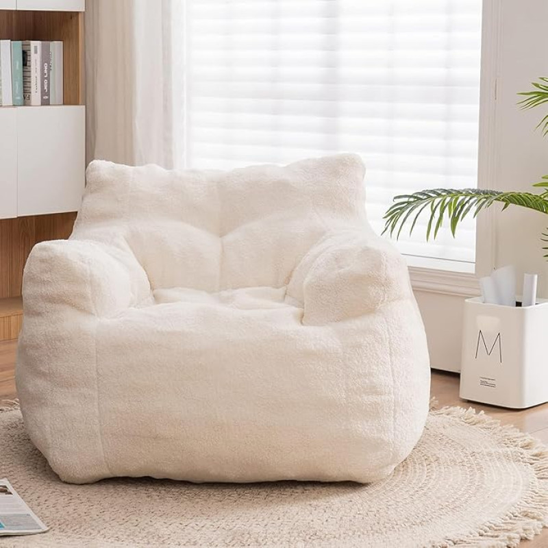 Recaceik Bean Bag Chairs, Tufted Soft Filled Bean Bag Chair with Filling, Fluffy Lazy Sofa, Imperial Lounger Giant Bean Bag Chair for Bedroom, Living Room, White