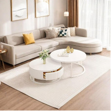 Round Coffee Table White Set of 2 Couch Table 50 + 70 cm Marble Coffee Table with Solid Wood Drawer Modern Living Room Table White Side Table Sturdy Metal Frame Nesting Tables for Living Room Office