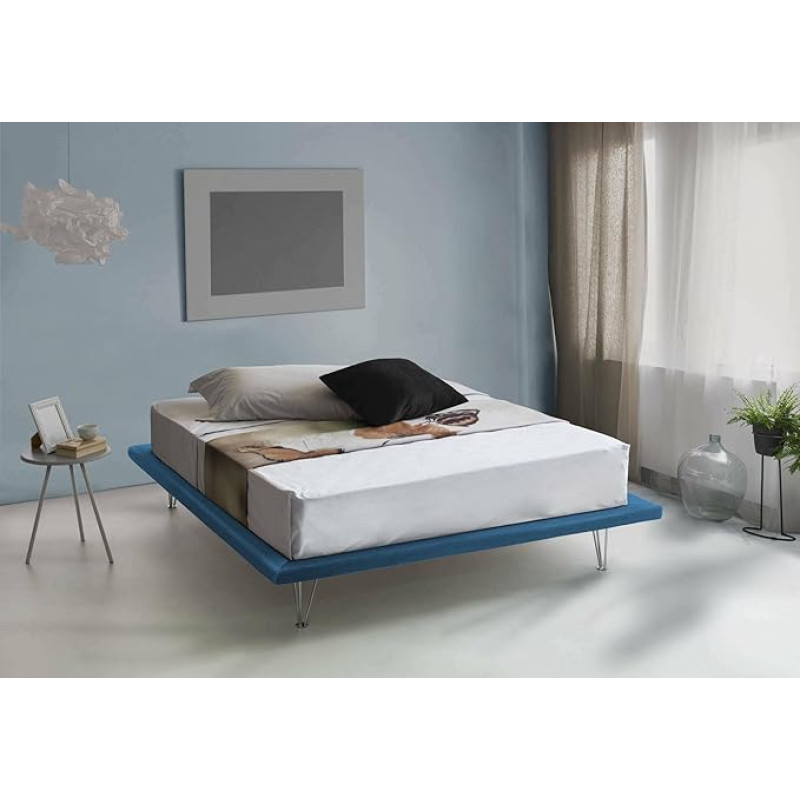 Talamo Italia - Linda Double Fabric Fixed Bed with Feet, 100% Made in Italy, Suitable for Mattress 160 x 200 cm, Blue