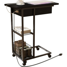 LIDYUK C-Shaped Side Table with Charging Station, Folding Side Table with USB Ports and Sockets, C Table, Sofa Table with Storage Compartment for Living Room, Bedroom, Black