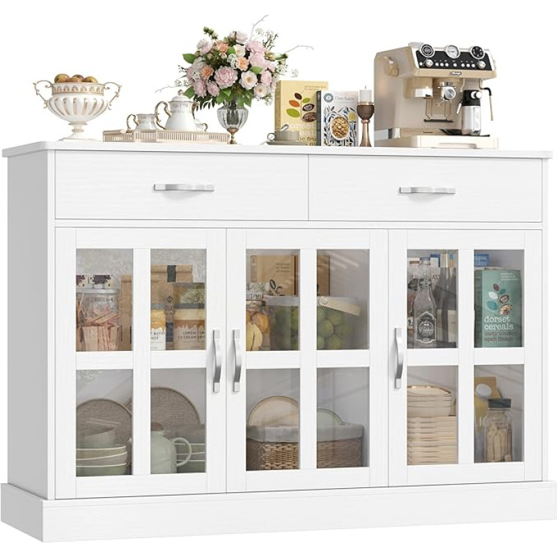 FirFurd 120 cm Kitchen Cabinet Sideboard with 3 Glass Doors and 2 Drawers Buffet Cabinet Kitchen Chest of Drawers Wooden Storage Cabinet for Living Room Dining Room Hallway 120 x 84 x 40 cm