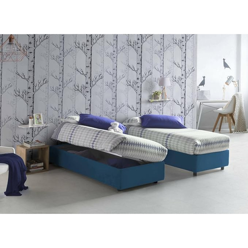 Talamo Italia - Melissa Single Bed with Fabric Cover, 100% Made in Italy, Side Opening, Suitable for Mattress 80 x 190 cm, Blue