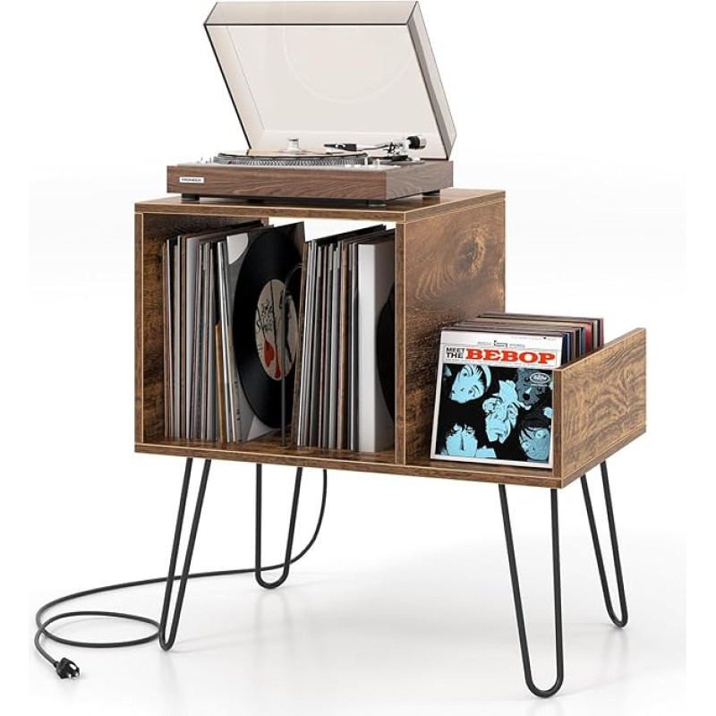 GIANTEX Record Player Stand, 66 x 45 x 67 cm, Side Table with Built-in Charging Station, Vinyl Storage Shelf with Metal Legs, Cabinet for Bedroom, Living Room (Coffee)