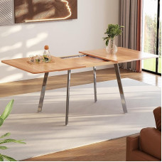 DRIXNO Modern Minimalist Extendable Dining Table in Elegant Natural Colour and Silver Crushed Legs - 140 cm x 80 cm Extendable up to 180 cm, High-Strength Alloy Support, Suitable for 4-6 People