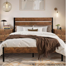 VECELO Bed Frame 140 x 200 cm, Metal Bed with Thick Wooden Headboard and Slatted Base, Double Bed with Under Bed Storage, Perfect for Bedroom, Brown