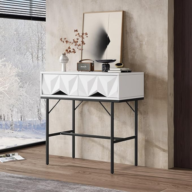 LERFAN Modern Elegant Console Table with Geometric Sofa Table End Table with Three-Dimensional Drawer Hollow Design for Entrance and Living Room 80W x 40D x 80H cm White + Black