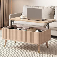 Coffee Table with Hinged Lid and Hidden Storage Space Saving Ribbed Design for Compact Living and Work Areas
