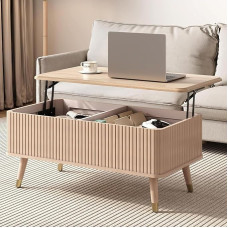 Coffee Table with Hinged Lid and Hidden Storage Space Saving Ribbed Design for Compact Living and Work Areas