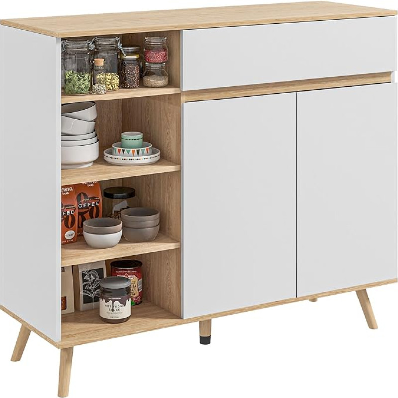 HOMCOM Scandinavian Style Adjustable Sideboard with 1 Double Door, 1 Drawer and 4 Compartments, White 119 x 40 x 102 cm