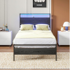 HOJINLINERO Bed Frame Youth Bed Metal Bed 90 x 200 cm Bed Frame Single Bed Guest Bed with Wooden Headboard & LED Lighting and USB Type C Charging Function, Bed 90 x 200 cm with Slatted Frame, Robust