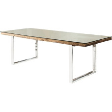 invicta INTERIOR Barracuda Solid Dining Table Antique Teak Wood with Steel Skid Feet 200 cm Including Glass Top Wooden Table Kitchen Table