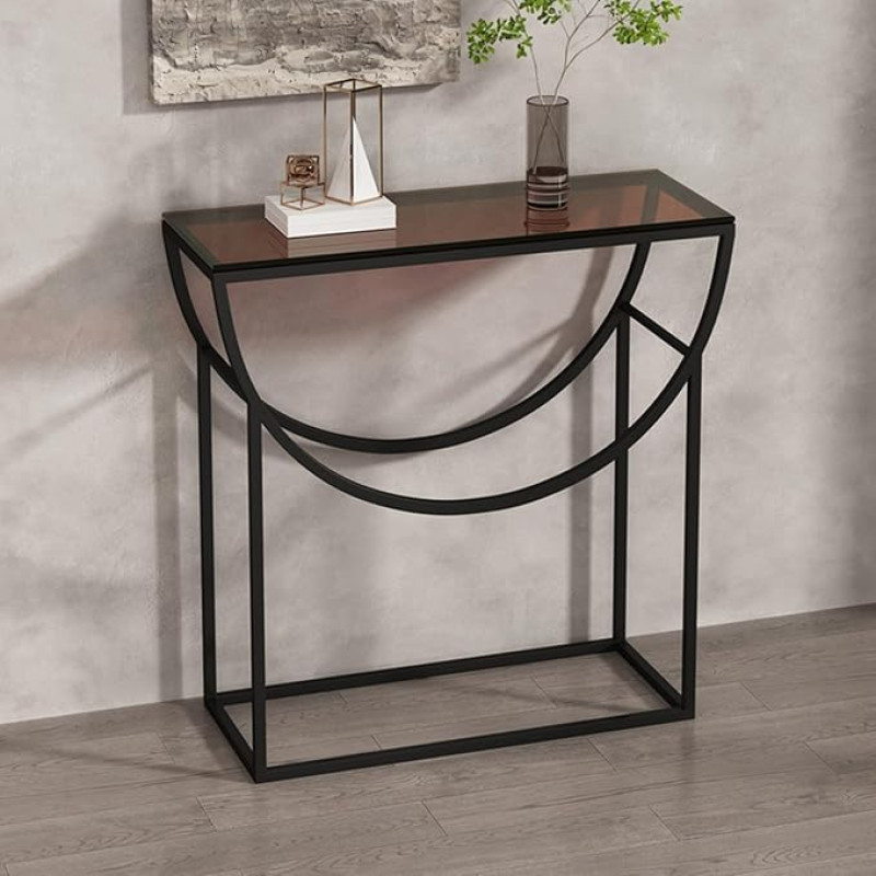 asdchZen Console Sofa Table, Modern Entrance Table with Metal Frame, Half Moon Table Top Made of Tempered Glass, for Living Room, Hallway