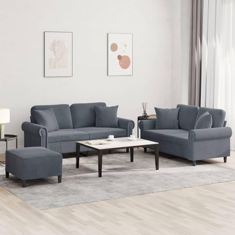 LAPOOH 3202241 3-Piece Sofa Set with Cushions Dark Grey Velvet, Sofas & Couches, Sofa Living Room, Relaxing Sofa, Sofa for Bedroom