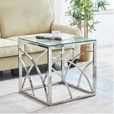 AINPECCA Modern Side Table for Living Room, Bedroom or Kitchen - Perfect for Living Room, Dining or Kitchen - Glass and Stainless Steel (Silver)