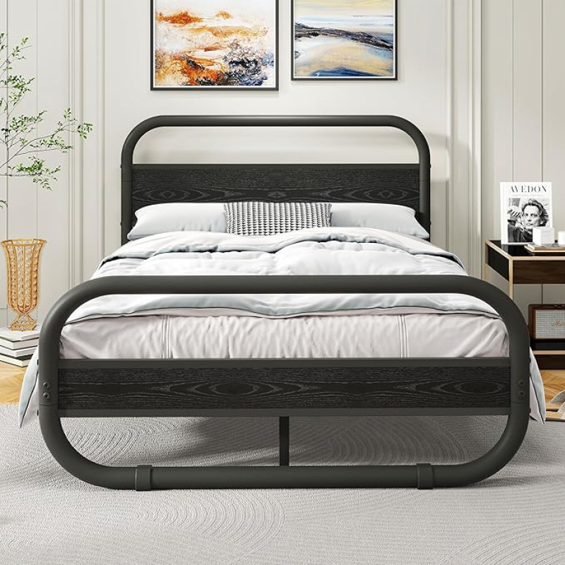 QUCENAK King Size Bed Frame with Headboard Oval Platform Under Bed Storage Steel Slats Mattress Round Tube Design Black