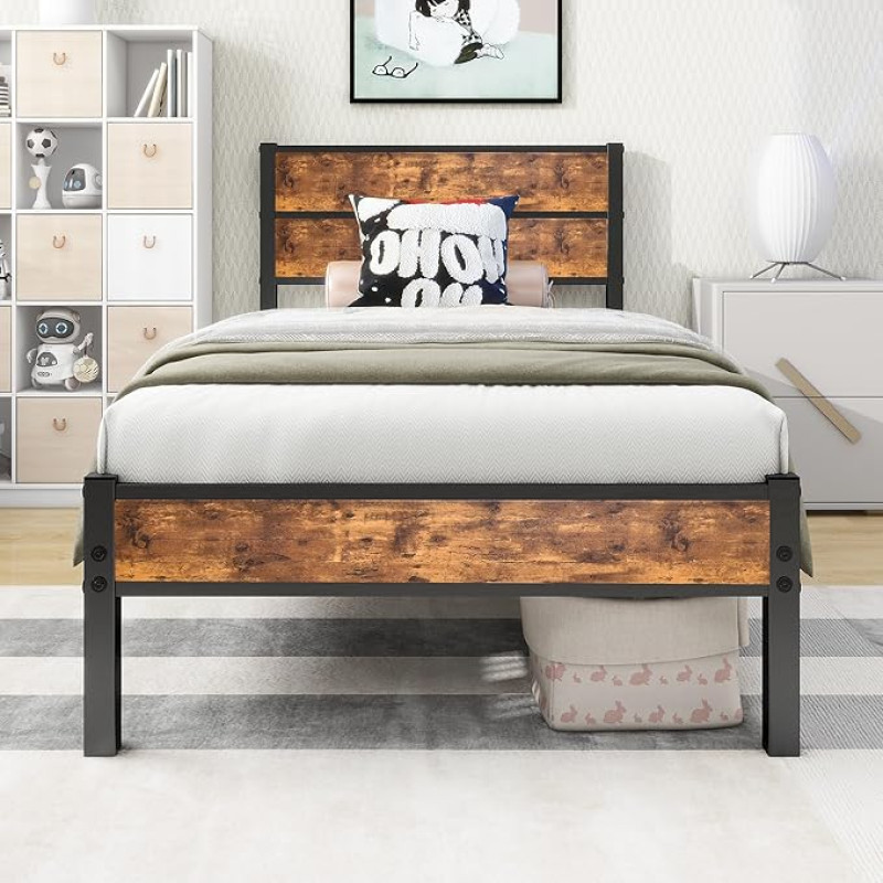 Diahomy Single Bed Frame with Wooden Headboard, Metal Bed Frame, Solid Bed Frame, No Box Spring Needed, Mattress Base, Metal Slatted Support, Underbed Storage