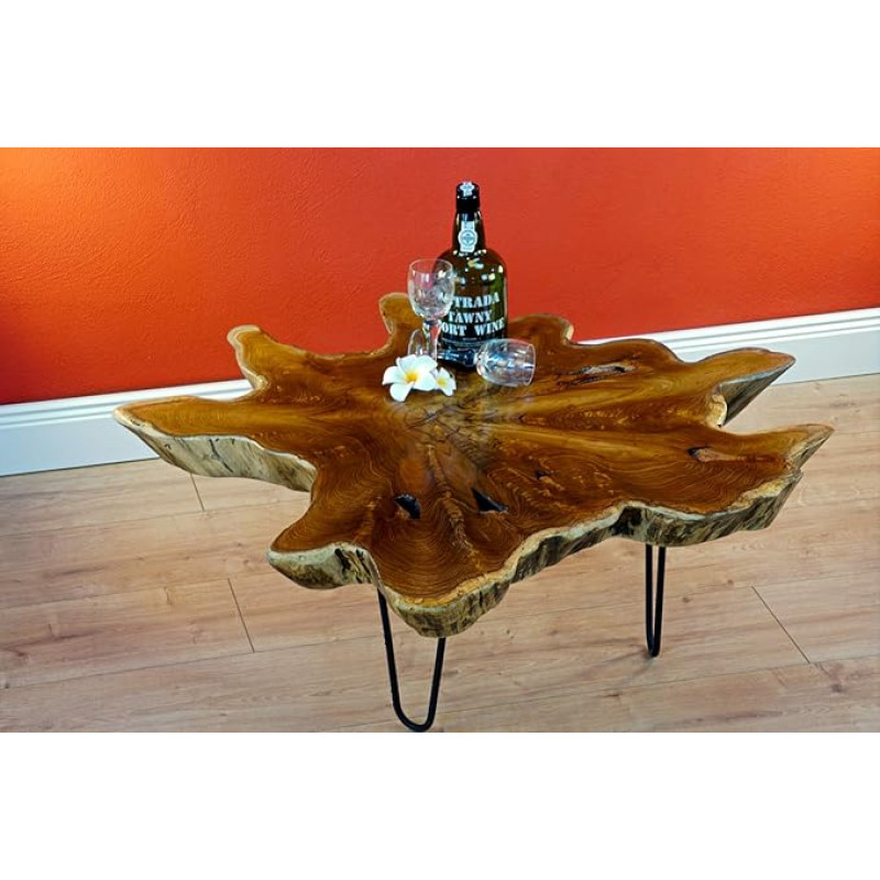 Luhu Teak Coffee Table Approx. 45 x 50 - 65 x 50 - 65 cm Table Top Made of Solid Burl Wood Tree Disc in Rustic Country House Style Suitable for Living Room, Conservatory or as a Coffee Table