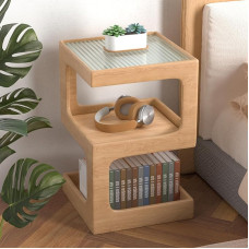 ihomemore Modern Solid Wood Side Table with Glass Top - Bedside Table with 3 Shelves for Living Room & Bedroom Scandinavian Design Versatile and Space Saving