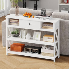 Mexin Console Sofa Table with Drawer, Industrial Entrance Table with Shelves, Storage Organizer for Hallway, Living Room, Couch, Foyer, Kitchen Counter, White, 39 Inch