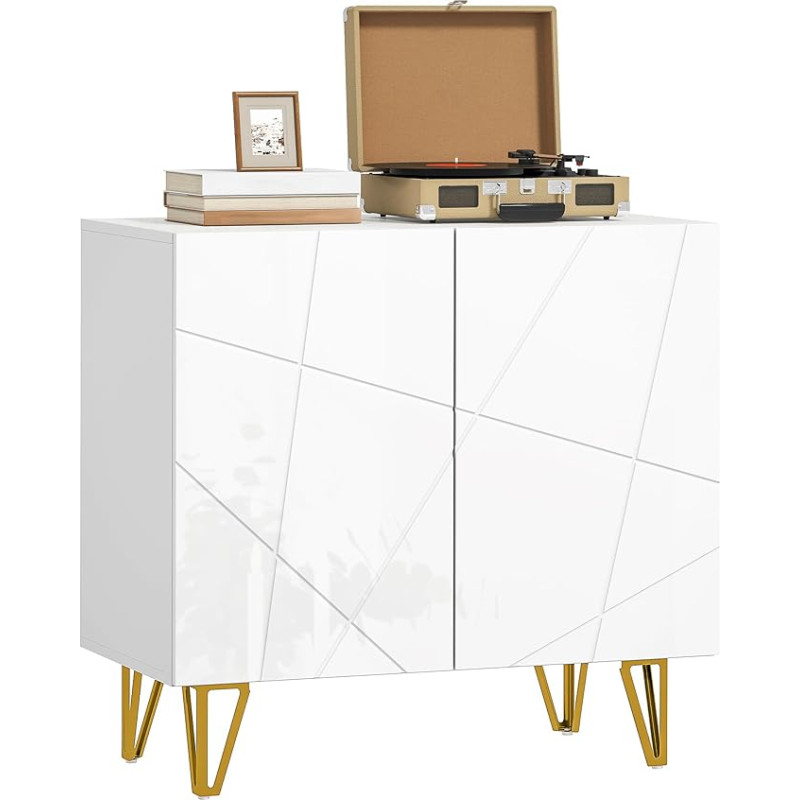 HOMCOM White Gloss Storage Cabinet with Free Standing Sideboard with Adjustable Shelf, Soft Close Doors and Gold Hairpin Legs for Living Room, Dining Room, Hallway, White