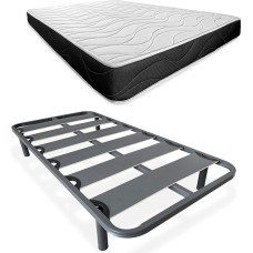 Somnia Descanso - Complete Bed with Reversible Bombay Mattress (Winter/Summer) + Reinforced Slatted Base 40 x 30 mm with 4 Screw Metal Legs, 90 x 190 cm