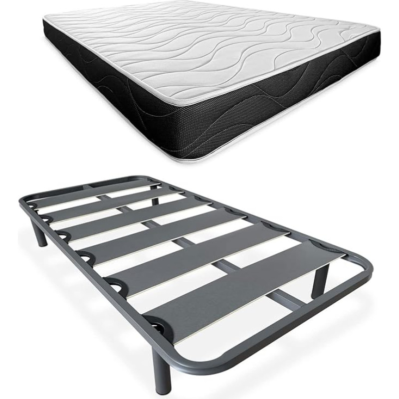 Somnia Descanso - Complete Bed with Reversible Bombay Mattress (Winter/Summer) + Reinforced Slatted Base 40 x 30 mm with 4 Screw Metal Legs, 90 x 190 cm