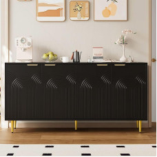 BTM Sideboard Living Room Chest of Drawers with 4 Doors Golden Brushed Handles and High Gloss Table Legs Chest of Drawers Black Dimensions 160 x 80 x 40 cm (W x H x D)