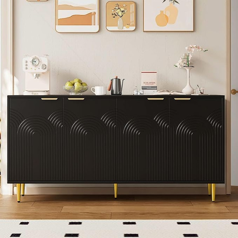 BTM Sideboard Living Room Chest of Drawers with 4 Doors Golden Brushed Handles and High Gloss Table Legs Chest of Drawers Black Dimensions 160 x 80 x 40 cm (W x H x D)